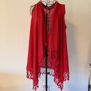 Red Sleeveless Fringe Cardigan